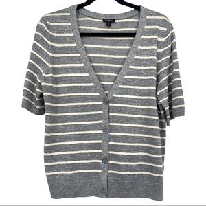 Talbots Silver Metallic Grey White Striped Short Sleeve V Neck Cardigan Medium